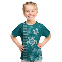 Teal Hibiscus Turle Kid T Shirt Hawaiian Style Tribal Tapa Pattern LT9 Teal - Polynesian Pride