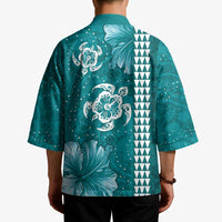 Teal Hibiscus Turle Kimono Hawaiian Style Tribal Tapa Pattern - Polynesian Pride