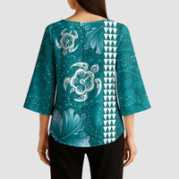 Teal Hibiscus Turle Kimono Sleeve Blouse Hawaiian Style Tribal Tapa Pattern - Polynesian Pride