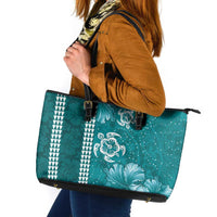 Teal Hibiscus Turle Leather Tote Bag Hawaiian Style Tribal Tapa Pattern