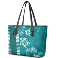Teal Hibiscus Turle Leather Tote Bag Hawaiian Style Tribal Tapa Pattern