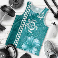 Teal Hibiscus Turle Men Tank Top Hawaiian Style Tribal Tapa Pattern