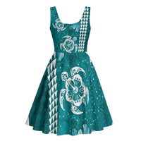 Teal Hibiscus Turle Midi Dress Hawaiian Style Tribal Tapa Pattern - Polynesian Pride