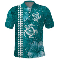 Teal Hibiscus Turle Polo Shirt Hawaiian Style Tribal Tapa Pattern