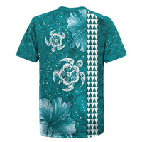 Teal Hibiscus Turle Rugby Jersey Hawaiian Style Tribal Tapa Pattern