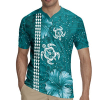 Teal Hibiscus Turle Rugby Jersey Hawaiian Style Tribal Tapa Pattern