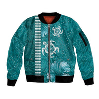 Teal Hibiscus Turle Sleeve Zip Bomber Jacket Hawaiian Style Tribal Tapa Pattern