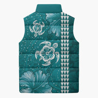 Teal Hibiscus Turle Sleeveless Puffer Jacket Hawaiian Style Tribal Tapa Pattern - Polynesian Pride