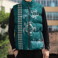 Teal Hibiscus Turle Sleeveless Puffer Jacket Hawaiian Style Tribal Tapa Pattern - Polynesian Pride