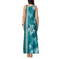 Teal Hibiscus Turle Tank Maxi Dress Hawaiian Style Tribal Tapa Pattern