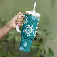 Teal Hibiscus Turle Tumbler With Handle Hawaiian Style Tribal Tapa Pattern