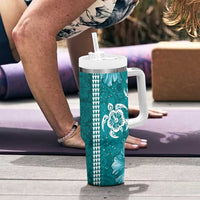 Teal Hibiscus Turle Tumbler With Handle Hawaiian Style Tribal Tapa Pattern