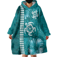 Teal Hibiscus Turle Wearable Blanket Hoodie Hawaiian Style Tribal Tapa Pattern