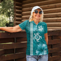 Teal Hibiscus Turle Women Polo Shirt Hawaiian Style Tribal Tapa Pattern