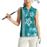 Teal Hibiscus Turle Women Sleeveless Polo Shirt Hawaiian Style Tribal Tapa Pattern