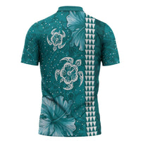 Teal Hibiscus Turle Zipper Polo Shirt Hawaiian Style Tribal Tapa Pattern - Polynesian Pride