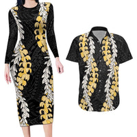 Puakenikeni and Maile Lei Couples Matching Long Sleeve Bodycon Dress and Hawaiian Shirt Black Double Strand Lei