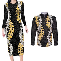 Puakenikeni and Maile Lei Couples Matching Long Sleeve Bodycon Dress and Long Sleeve Button Shirt Black Double Strand Lei
