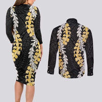 Puakenikeni and Maile Lei Couples Matching Long Sleeve Bodycon Dress and Long Sleeve Button Shirt Black Double Strand Lei