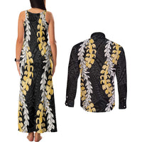 Puakenikeni and Maile Lei Couples Matching Tank Maxi Dress and Long Sleeve Button Shirt Black Double Strand Lei LT9 - Polynesian Pride