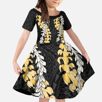 Puakenikeni and Maile Lei Family Matching Off The Shoulder Long Sleeve Dress and Hawaiian Shirt Black Double Strand Lei