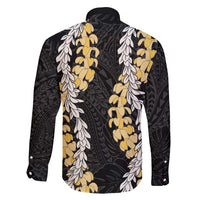 Puakenikeni and Maile Lei Family Matching Off Shoulder Maxi Dress and Hawaiian Shirt Black Double Strand Lei