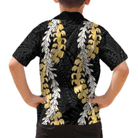 Puakenikeni and Maile Lei Family Matching Off Shoulder Short Dress and Hawaiian Shirt Black Double Strand Lei