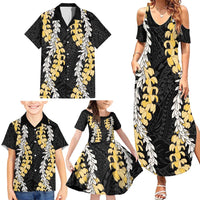 Puakenikeni and Maile Lei Family Matching Summer Maxi Dress and Hawaiian Shirt Black Double Strand Lei