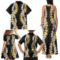 Puakenikeni and Maile Lei Family Matching Tank Maxi Dress and Hawaiian Shirt Black Double Strand Lei