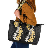Puakenikeni and Maile Lei Leather Tote Bag Black Double Strand Lei LT9 Black - Polynesian Pride