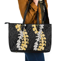 Puakenikeni and Maile Lei Leather Tote Bag Black Double Strand Lei LT9 - Polynesian Pride