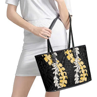 Puakenikeni and Maile Lei Leather Tote Bag Black Double Strand Lei LT9 - Polynesian Pride