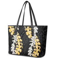 Puakenikeni and Maile Lei Leather Tote Bag Black Double Strand Lei LT9 - Polynesian Pride