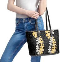 Puakenikeni and Maile Lei Leather Tote Bag Black Double Strand Lei LT9 - Polynesian Pride