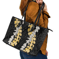 Puakenikeni and Maile Lei Leather Tote Bag Black Double Strand Lei LT9 - Polynesian Pride
