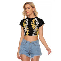 Puakenikeni and Maile Lei Raglan Cropped T Shirt Black Double Strand Lei LT9 Female Black - Polynesian Pride