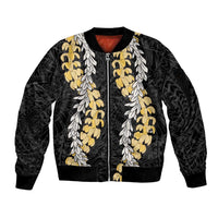 Puakenikeni and Maile Lei Sleeve Zip Bomber Jacket Black Double Strand Lei