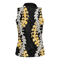 Puakenikeni and Maile Lei Women Sleeveless Polo Shirt Black Double Strand Lei LT9 - Polynesian Pride