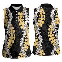 Puakenikeni and Maile Lei Women Sleeveless Polo Shirt Black Double Strand Lei LT9 - Polynesian Pride