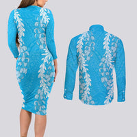 Puakenikeni and Maile Lei Couples Matching Long Sleeve Bodycon Dress and Long Sleeve Button Shirt Blue Double Strand Lei LT9 - Polynesian Pride