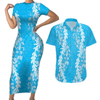 Puakenikeni and Maile Lei Couples Matching Short Sleeve Bodycon Dress and Hawaiian Shirt Blue Double Strand Lei