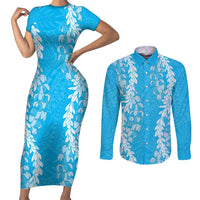 Puakenikeni and Maile Lei Couples Matching Short Sleeve Bodycon Dress and Long Sleeve Button Shirt Blue Double Strand Lei LT9 Blue - Polynesian Pride