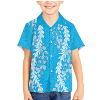 Puakenikeni and Maile Lei Family Matching Mermaid Dress and Hawaiian Shirt Blue Double Strand Lei