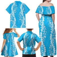Puakenikeni and Maile Lei Family Matching Off Shoulder Maxi Dress and Hawaiian Shirt Blue Double Strand Lei