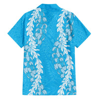 Puakenikeni and Maile Lei Family Matching Short Sleeve Bodycon Dress and Hawaiian Shirt Blue Double Strand Lei