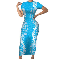 Puakenikeni and Maile Lei Family Matching Short Sleeve Bodycon Dress and Hawaiian Shirt Blue Double Strand Lei