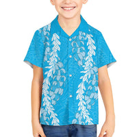 Puakenikeni and Maile Lei Family Matching Short Sleeve Bodycon Dress and Hawaiian Shirt Blue Double Strand Lei