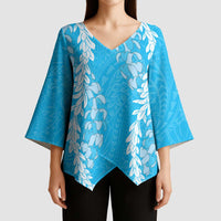 Puakenikeni and Maile Lei Kimono Sleeve Blouse Blue Double Strand Lei - Polynesian Pride