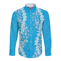 Puakenikeni and Maile Lei Long Sleeve Button Shirt Blue Double Strand Lei LT9 Unisex Blue - Polynesian Pride