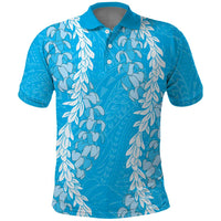 Puakenikeni and Maile Lei Polo Shirt Blue Double Strand Lei LT9 Blue - Polynesian Pride
